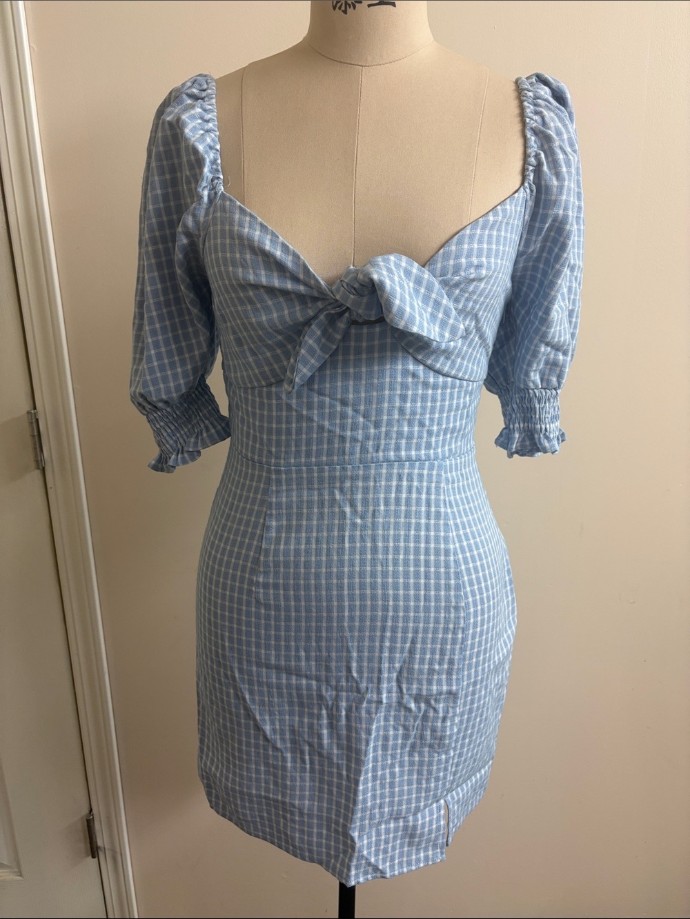 Lush Light Blue Checked Puff-Sleeve Tie-Front Mini Dress